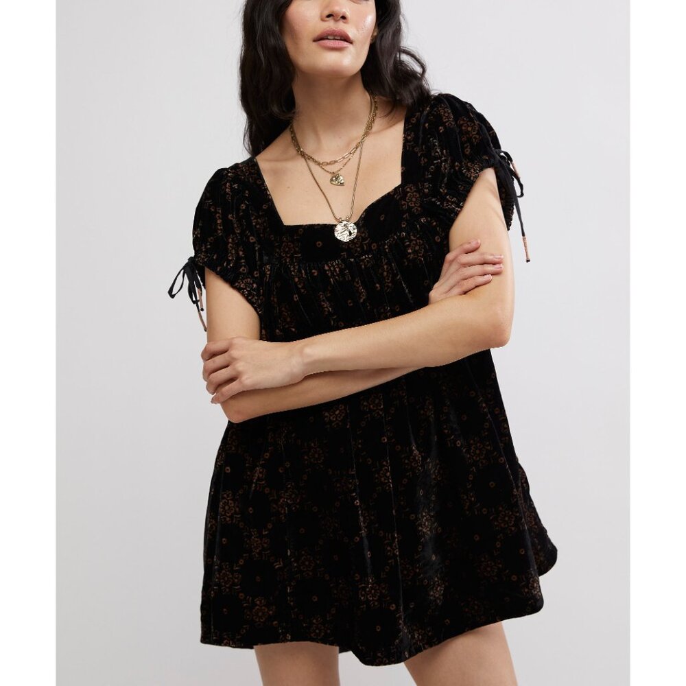 FP Velvet Short Sleeve Square Neck Mini Dress - Black with Metallic Print - Picture 4 of 16